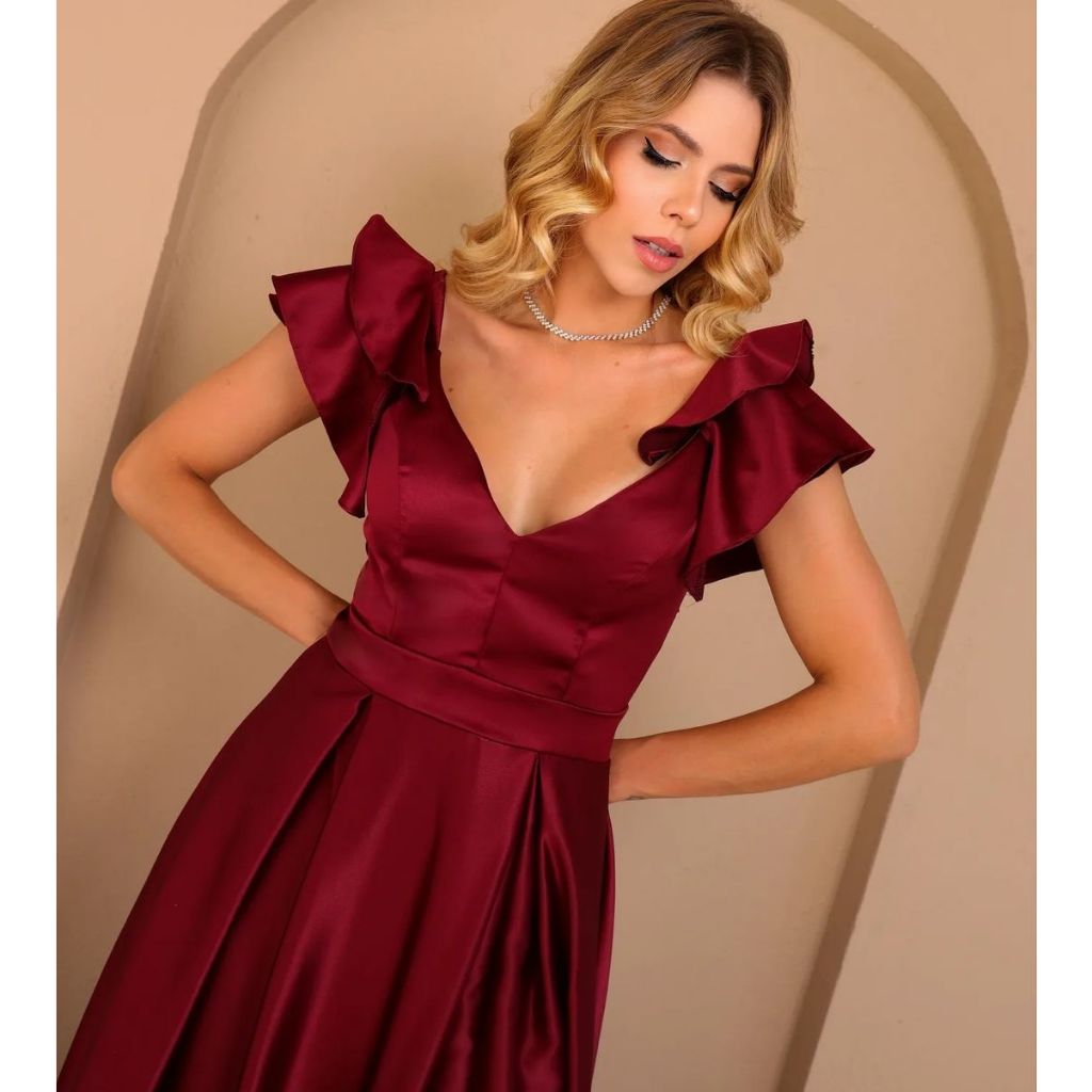 Vestido Longo Laura de Festa Alça babados Princesa delicado para Madrinhas Formandas Cetim Noivas