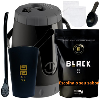 Kit Para Tereré Garrafa Jarra Pavia Lisa + Black Erva Mate + Copo Cuia Acrílico Preto + Bomba Clássica Preta + Filtro para bomba + Scoop (Colher Medidora)