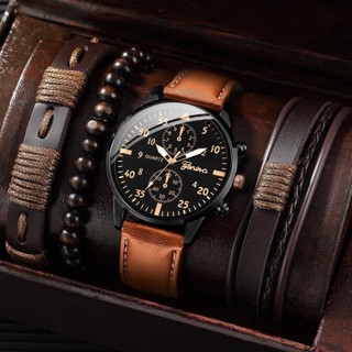 Conjunto De Pulseiras e Relógio Masculino,Moda Couro.