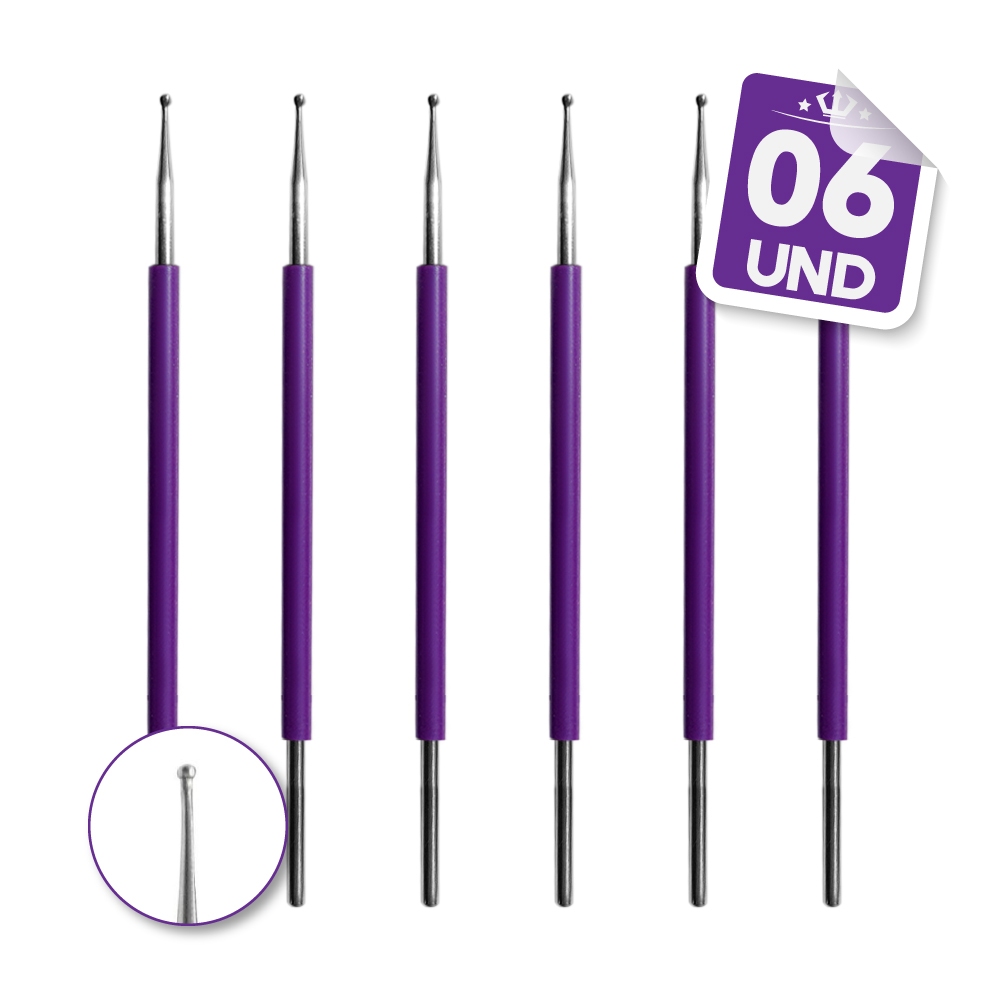 Kit 6 Boleador Manicure Inox Profissional Cutelaria Arte Unha Dupla Ponta Cores Variadas