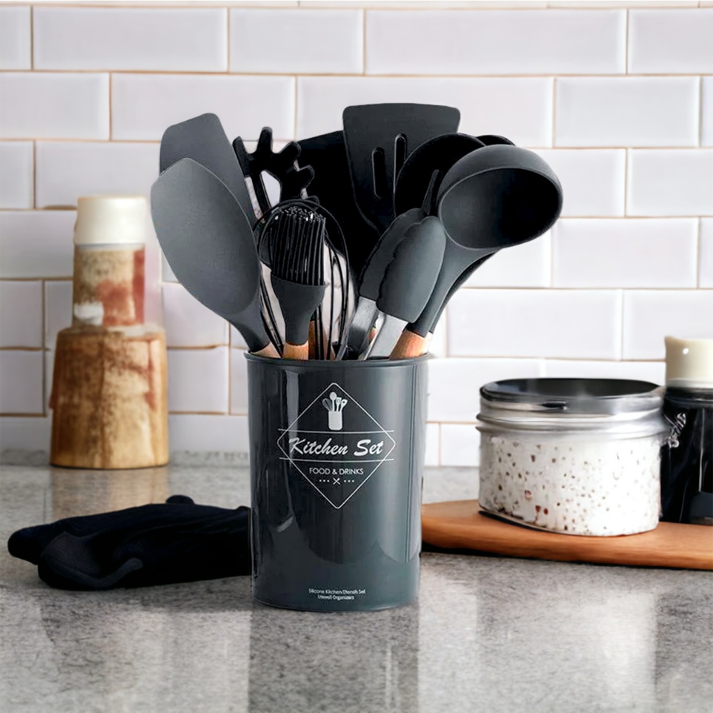 Jogo de Cozinha Kit 12 Peças de Silicone de Alta Resistência e Cabo de Madeira - Tamanho Grande em Oferta na Shopee