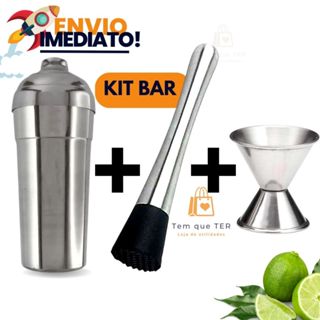 Kit Coqueteleira De Alumínio Com Socador E Dosador Duplo 30 e 60 Ml Para Bebidas Drink Caipirinha Bar Restaurantes Resistente