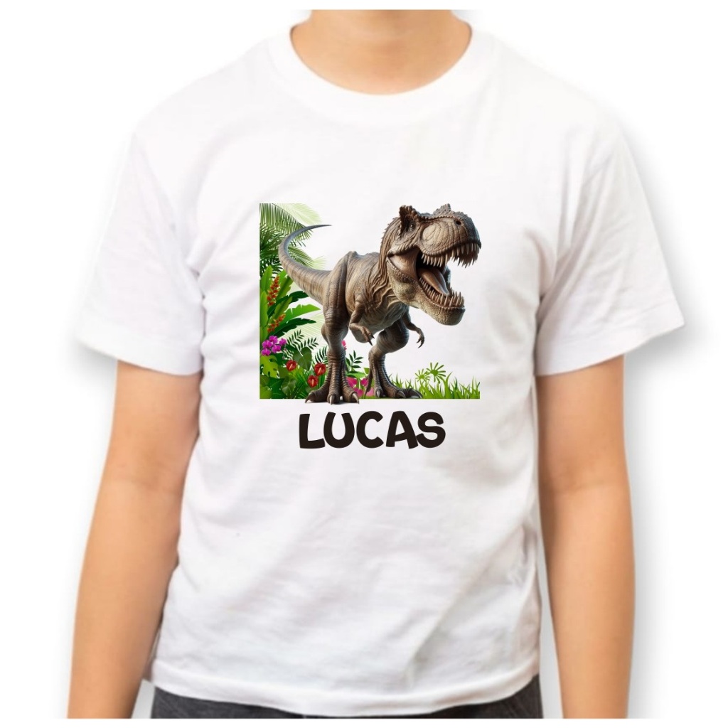 Camisa Infantil Dinossauro Rex 3D com nome da criança