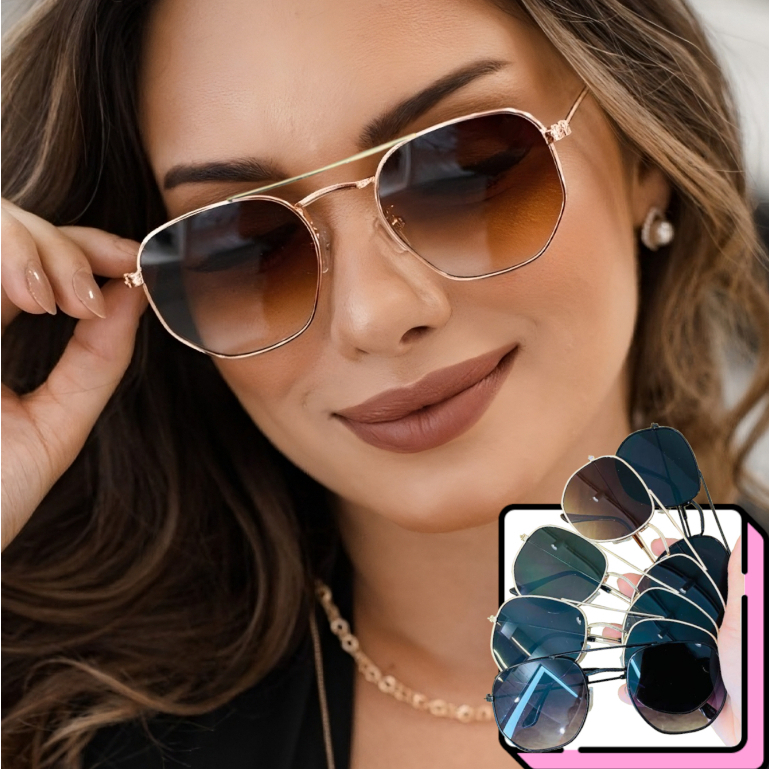 Óculos Hexagonal Feminino Masculino Sol Proteção Uv400 Retro Dupla Ponte Reforçada