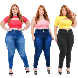 kit 3 calças jeans plus size femininas com elastano empina bum bum