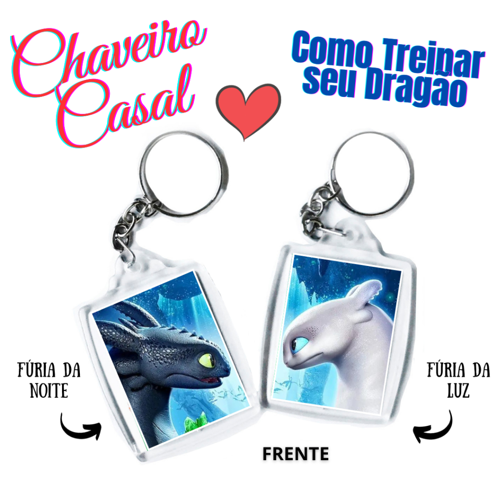 Chaveiro Metadinha Casal 3x4cm Como Treinar Seu Dragão Fúria da Noite e Fúria da Luz