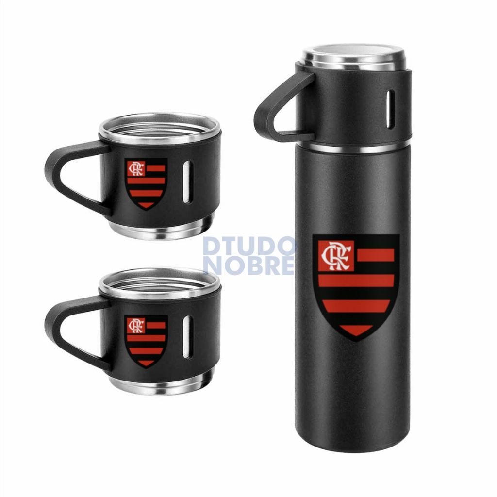 Garrafa térmica com 3 XÍCARAS 500 ml aço inox Personalizada Palmeiras, Corinthians, Flamengo, Atlético MG