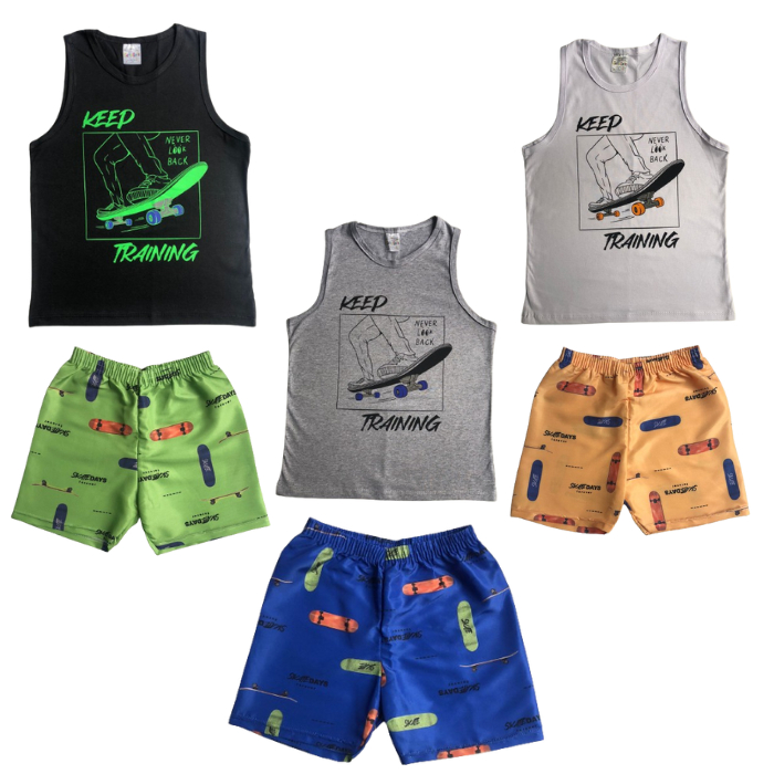 Conjunto Bermuda Regata Menino Conjunto Estampa Skate Short Tactel Infantil Cato Lelê Verão Tamanho 10 12 14 Juvenil REF:2278