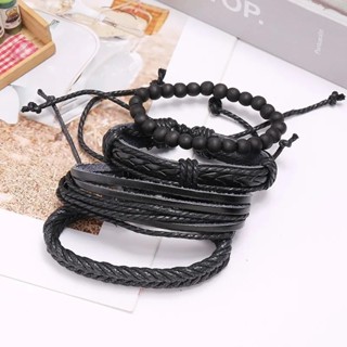 Kit Pulseiras Masculinas Couro Black Trançada Bolinhas Bracelete Y-19