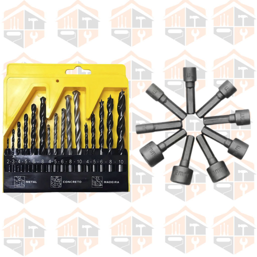 Kit 25 peças Brocas 16 Peças Madeira Ferro Concreto e Bits 9 peças Soquete haste