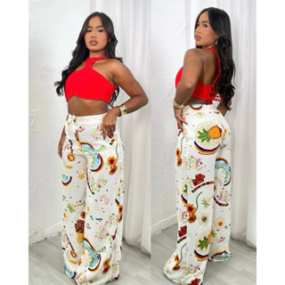 Calça pantalona casual estampada botón e zíper Duna