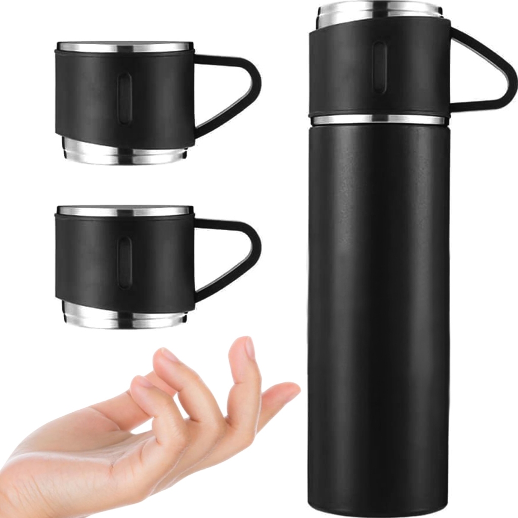 Garrafa Térmica Aço Inox 500 ML Bebida Quente Fria Água Café Chá Tampa 3 Canecas Vedação Botão Saída