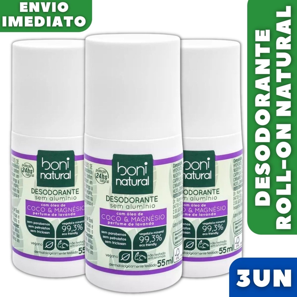 Kit 3 Desodorante Roll-on Vegano Coco e Magnésio Perfume Lavanda 55ml - Boni Natural