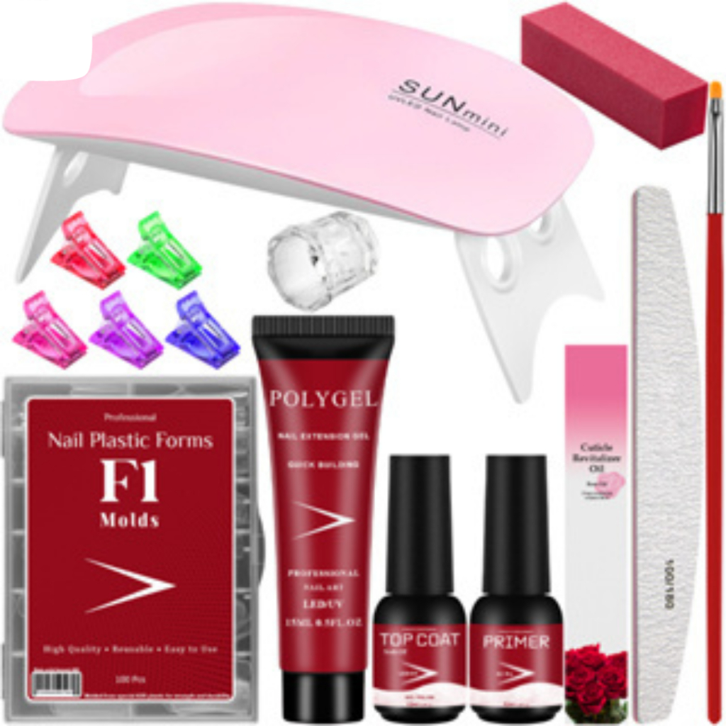 Kit Alongamento de Unha Polygel Cabine Estufa Sun Mini 6w Top Coat Primer 100 Moldes F1 encapsulamento Gel Acrigel