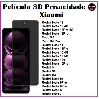 Película Vidro 3D Privacidade Para Xiaomi Mi Redmi Note 11 12 4G Note 12 Pro Poco X5 Pro 11s 10 10s/10C/10A 5G Prime 9/9s 9a 9c 9t 9i Pro Plus Not 8 /8Pro/8T 7/7