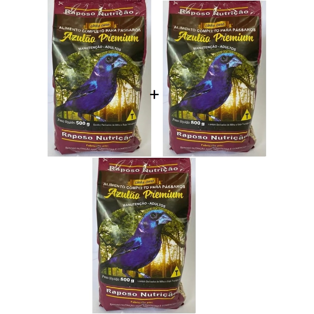 3 RAÇÃO AZULÃO PREMIUM 500G ALIMENTO COMPLETO SEMENTES SELECIONADAS RAPOSO NUTRIÇÃO.
