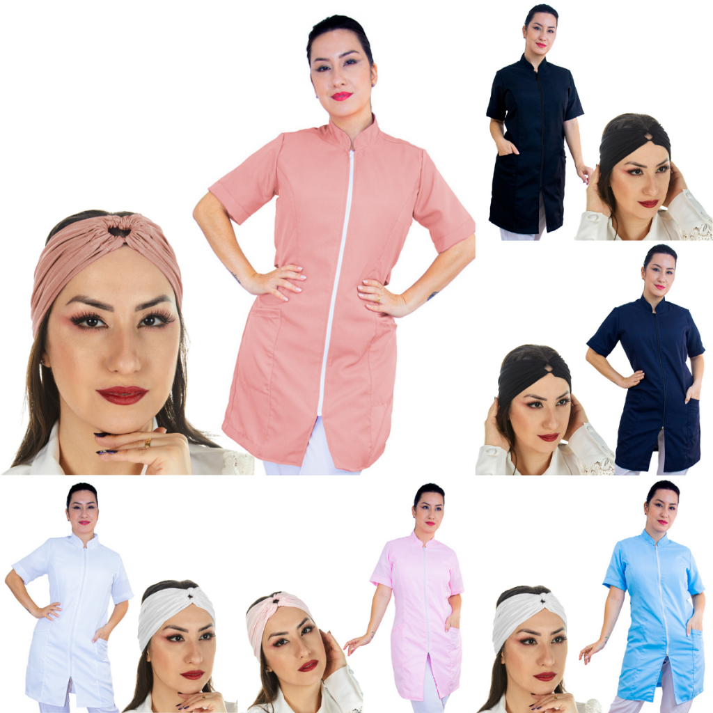 KIT 01 Jaleco Oxford Feminino Acinturado Zíper Gola Padre Manga Curta Cores Variadas Esteticista Nail Designer Estudante Dentista Salão de Beleza Consultório Veterinária Profissional Com Faixa 2 em 1 Turbante de Cabelo