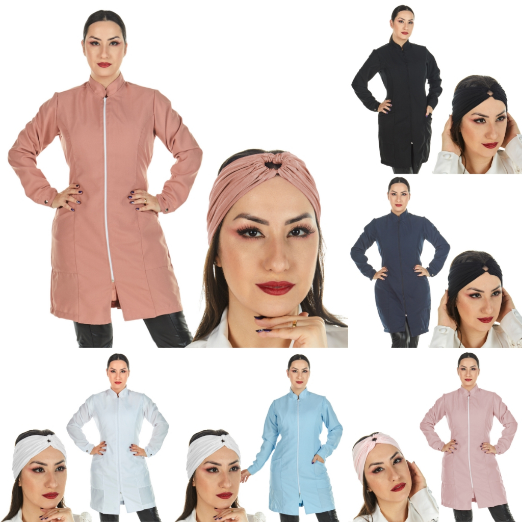 KIT 01 Jaleco Oxford Feminino Acinturado Zíper Gola Padre Manga Longa Várias Cores Esteticista Nail Designer Estudante Dentista Consultório Veterinária Salão de Beleza Profissional Com Faixa 2 em 1 Turbante de Cabelo