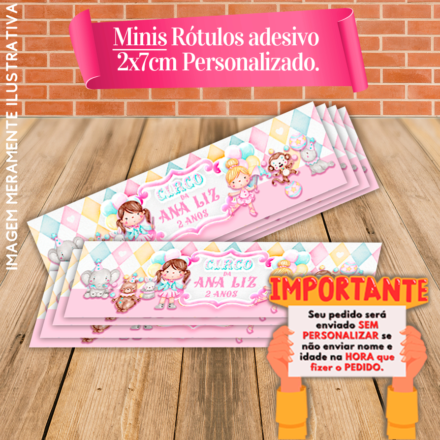30 Minis Rótulo adesivo Retangular 2x7cm Circo Rosa