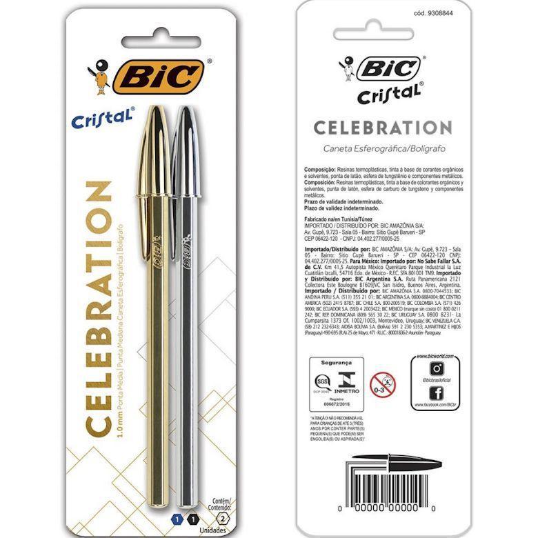 Kit 2 Canetas Cristal Celebration Prata E Dourada Bic