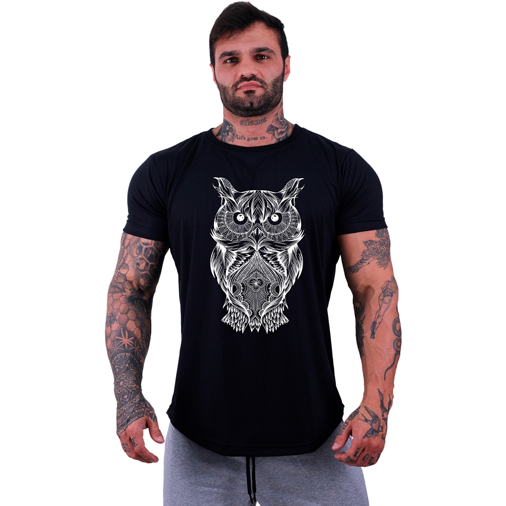 Camiseta Longline Slim Masculina MXD Conceito Academia Musculação Casual Coruja Peito Mosaico