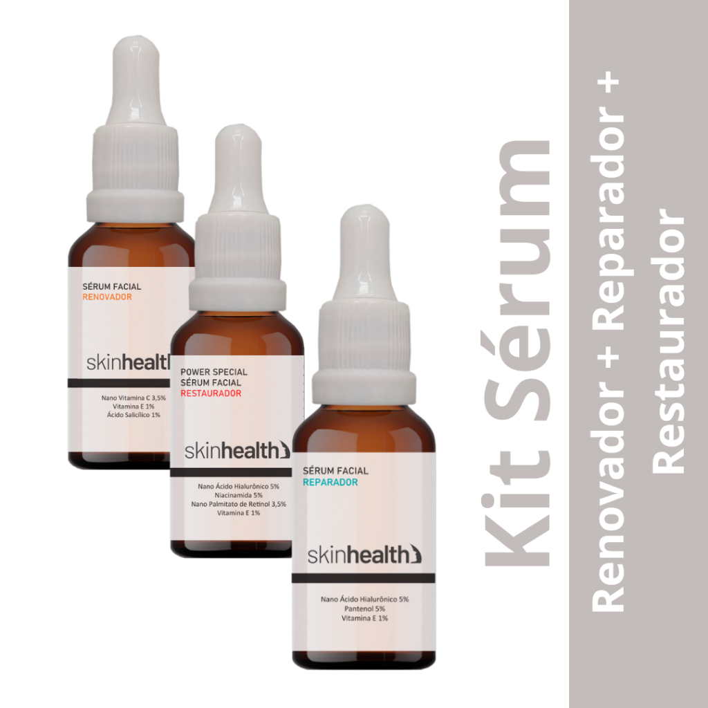 Kit Restaurador Retinol + Reparador Acido Hialuronico + Renovador Vitamina C - Pós Dermaroller Microagulhamento Peeling Serum 30ml Frasco Vidros