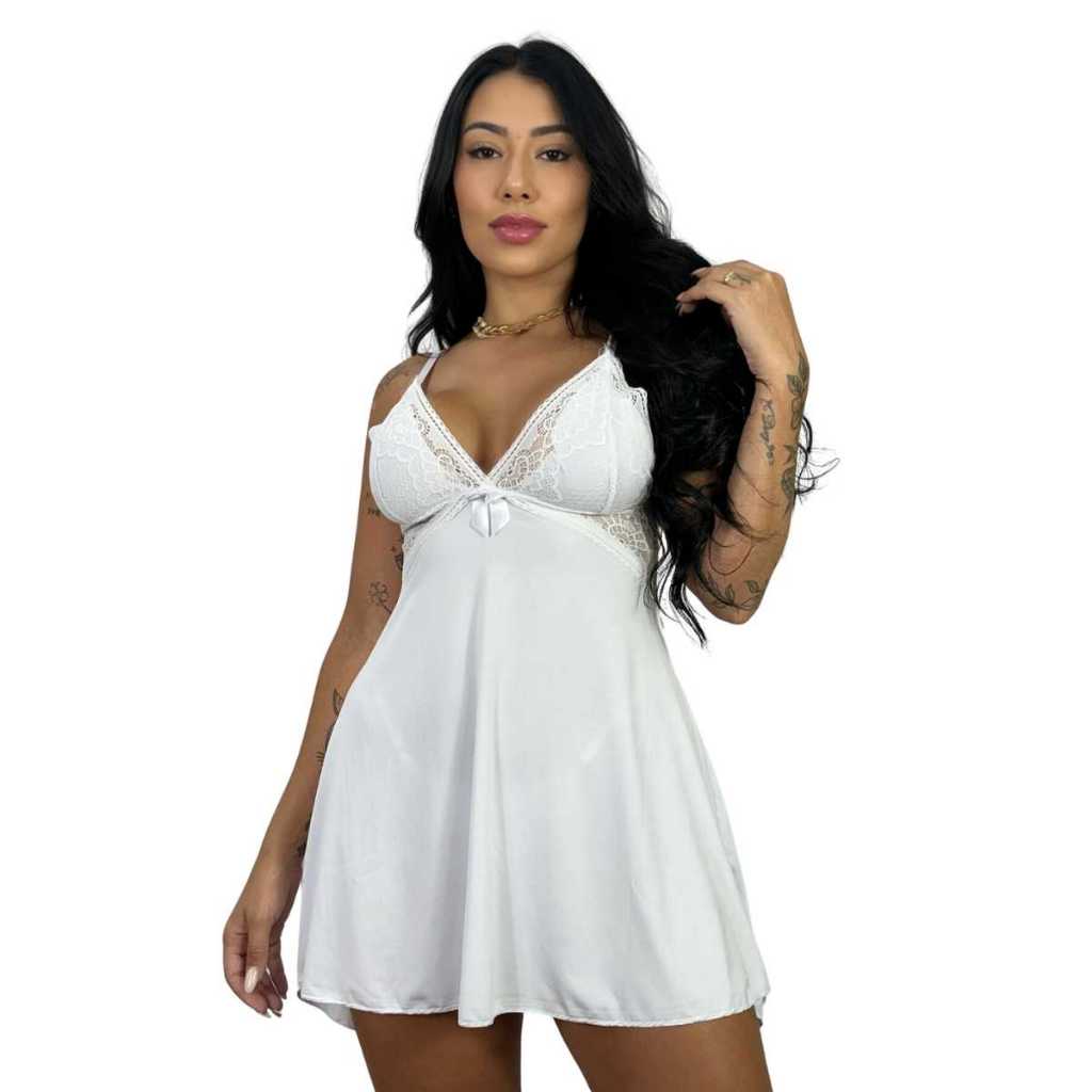 Camisola com Calcinha sem Bojo Renda Regulável Feminina Renda Linha Noite Lingerie