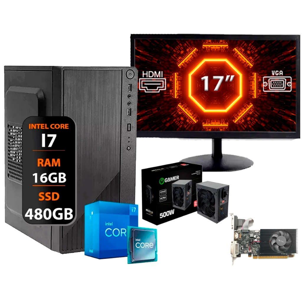 Computador Intel I7 Fonte 500w Ssd 480gb 16gb Memória Ram Placa 4GB Monitor 17