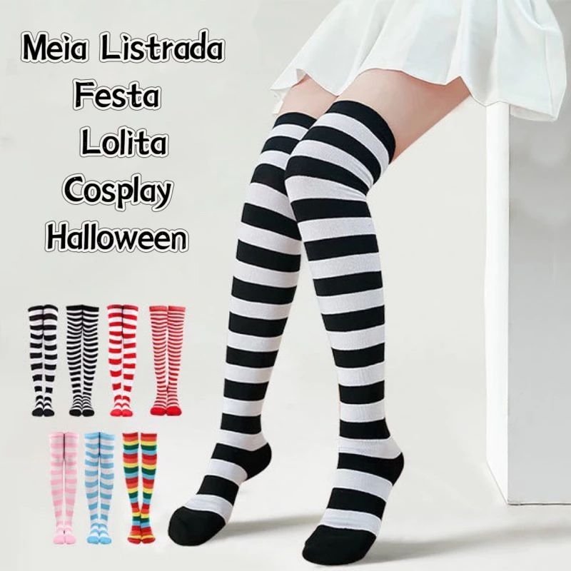Meia 7/8 acima do joelho padrão listrado, diversas combinações de cores, duas cores por par e cores do arco-íris. — imagem 2 de 2