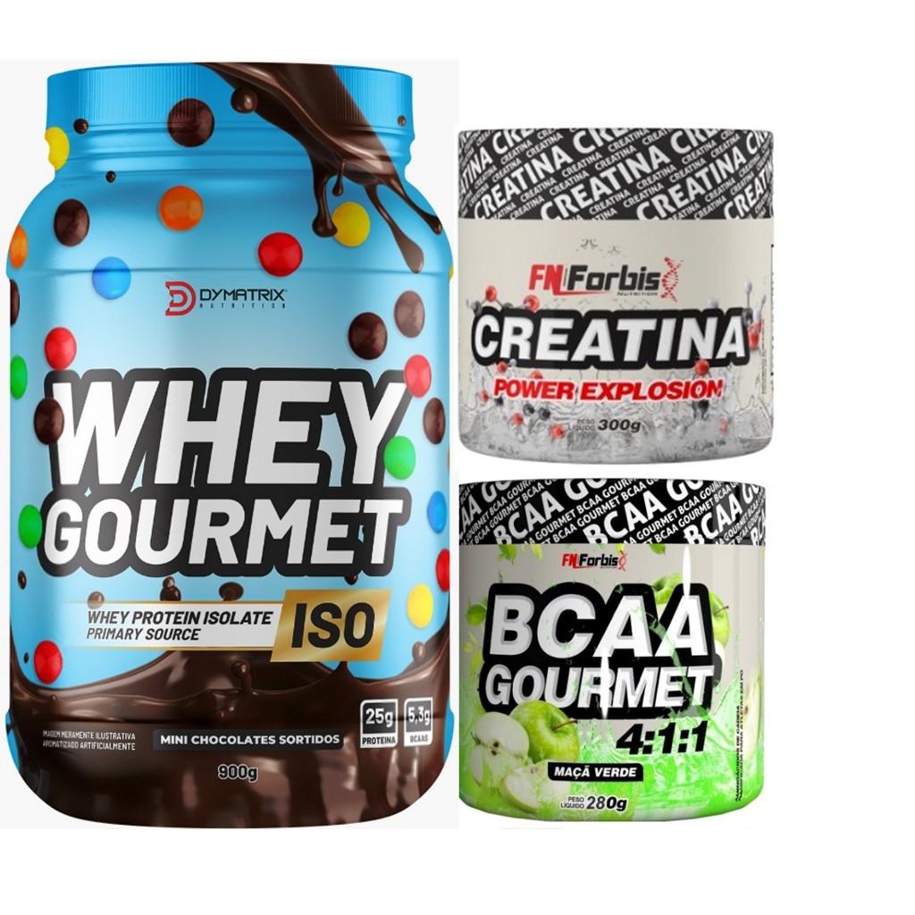 kit Massa Muscular com 1 pote de Whey Protein um BCAA e uma Creatina Monohidratada