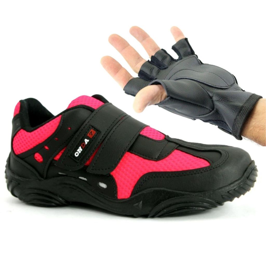 Kit Ciclista Luva Meio Dedo de Couro Preto e Sapatilha de Ciclista Preta e Rosa Confortável Bike MTB