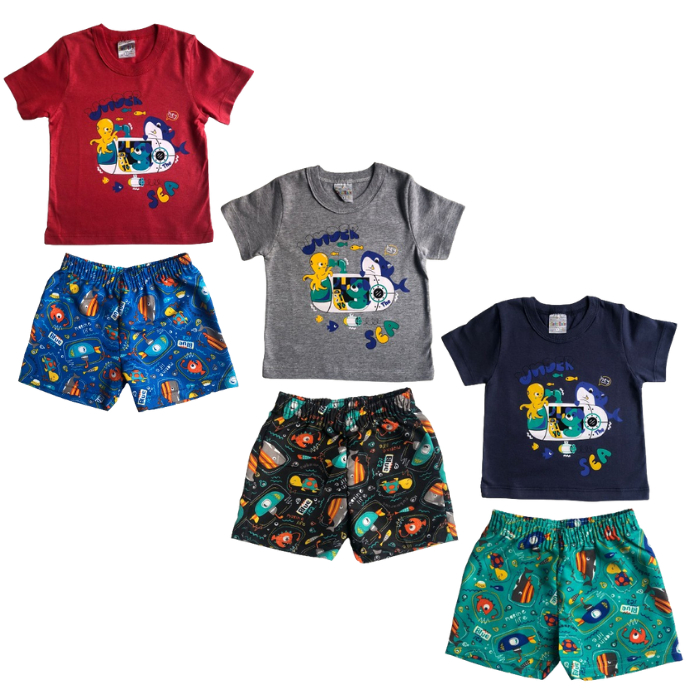 Conjunto Manga Curta Bermuda Menino Conjunto Estampa Fundo do Mar Short Tactel Infantil Cato Lele Verão Tamanho 1 2 3 Juvenil REF:2226