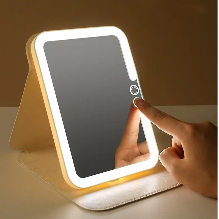 Espelho Decorativo Led Maquiagem Estética Recarregável Quadrado Capa De Couro Portátil Dob...