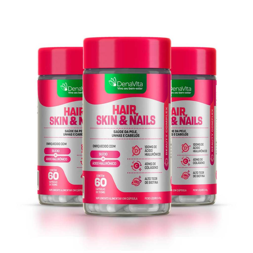 Kit 3x Hair, Skin e Nails - Nova Fórmula - Silicio, Biotina, Ácido Hialurônico, Colágeno Hidrolisado, Vitamina C - Denavita