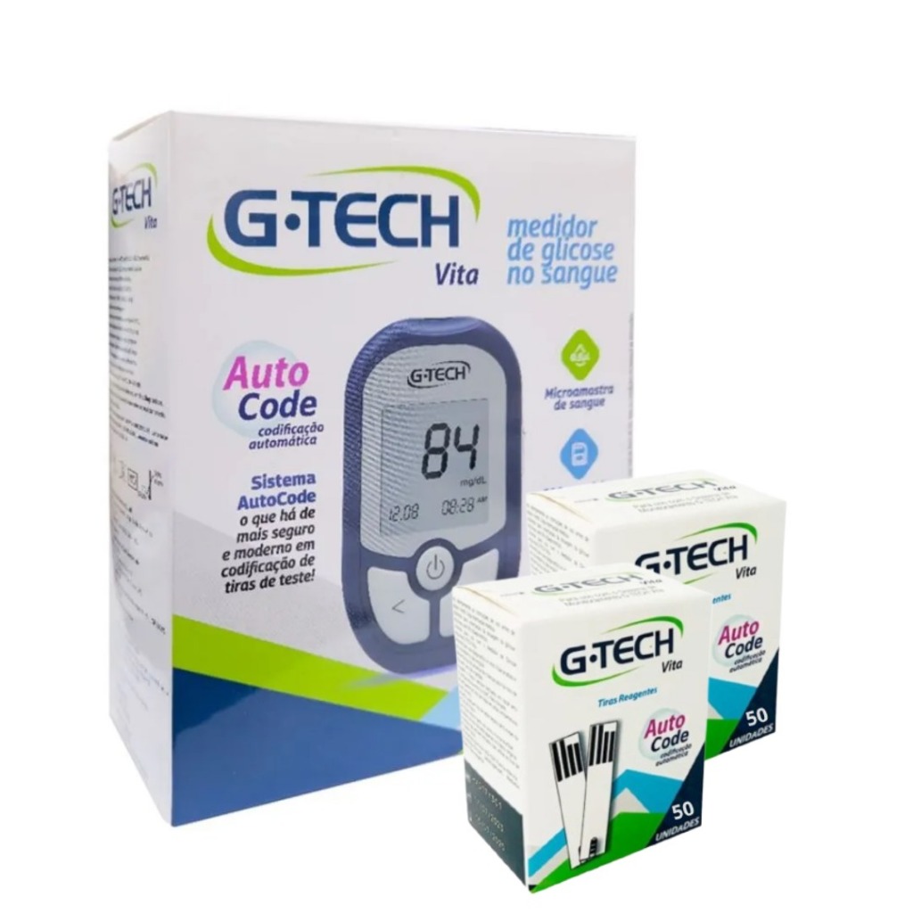 Aparelho Glicosímetro Medidor de Glicose G-Tech Vita +1 Caneta Lancetadora + 110 Tiras + 100 lancetas