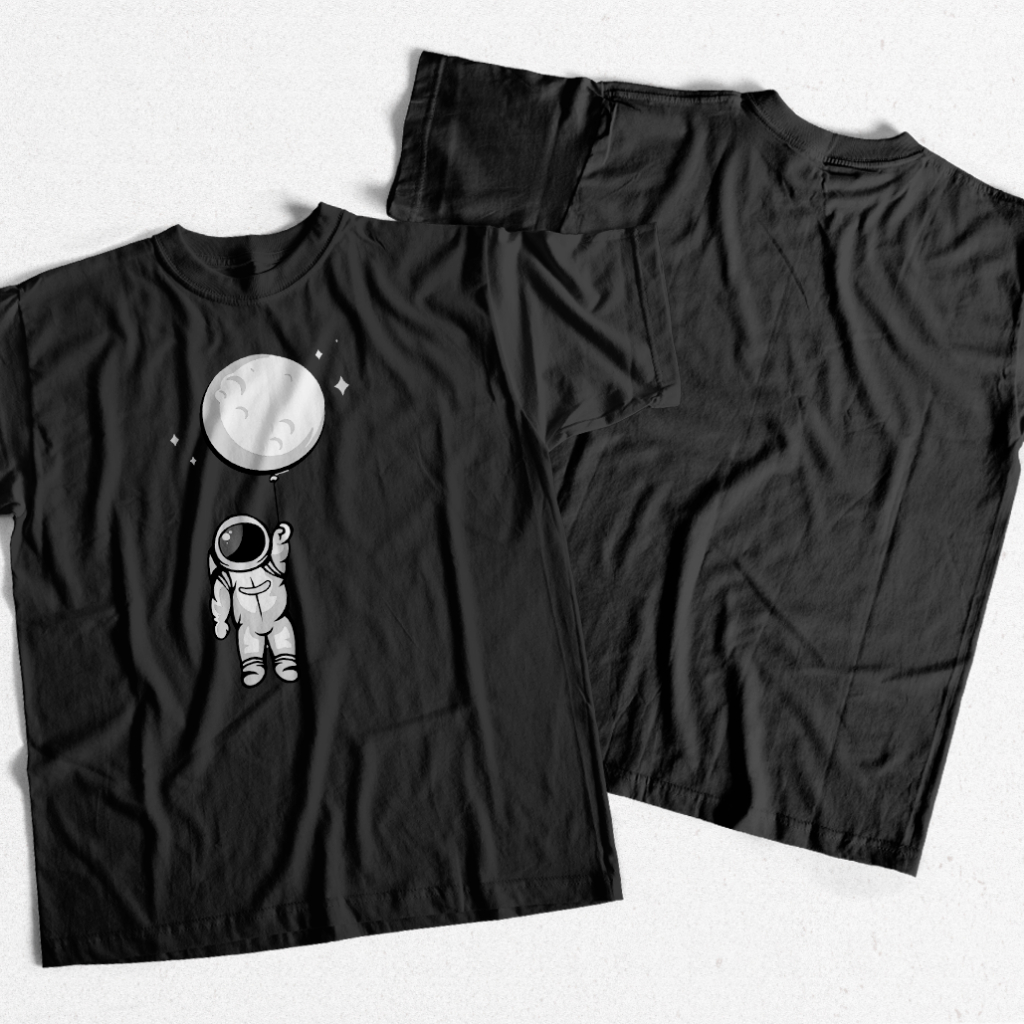 Camiseta Preta Algodão Astronaut Moon Balloon Camisa Unissex Astronauta Lua Lançamento Camiseta Algodão Confortável