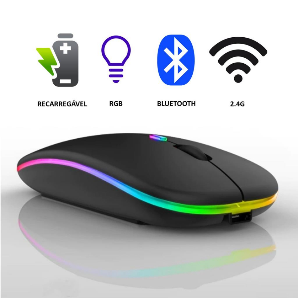 Mouse sem fio Wireless Bluetooth Sem Fio Led RGB Recarregável Silencioso