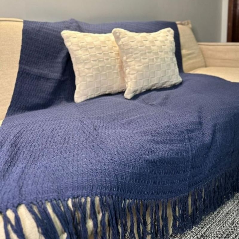 Manta Xale Decorativa Protetora Azul Royal Escuro para Sofa Cama Posta Poltrona Decoraçao Sala Algodao Ideia Presente Mae Esposa Mulher Sogro Avo Pai Padrasto