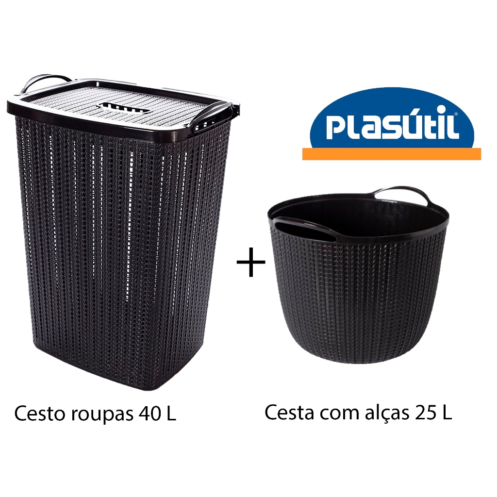 kit lavanderia com CESTO ROUPAS VAZADO 40 litros + CESTA COM ALÇAS  25 litros - especial PLASÚTIL em Oferta na Shopee
