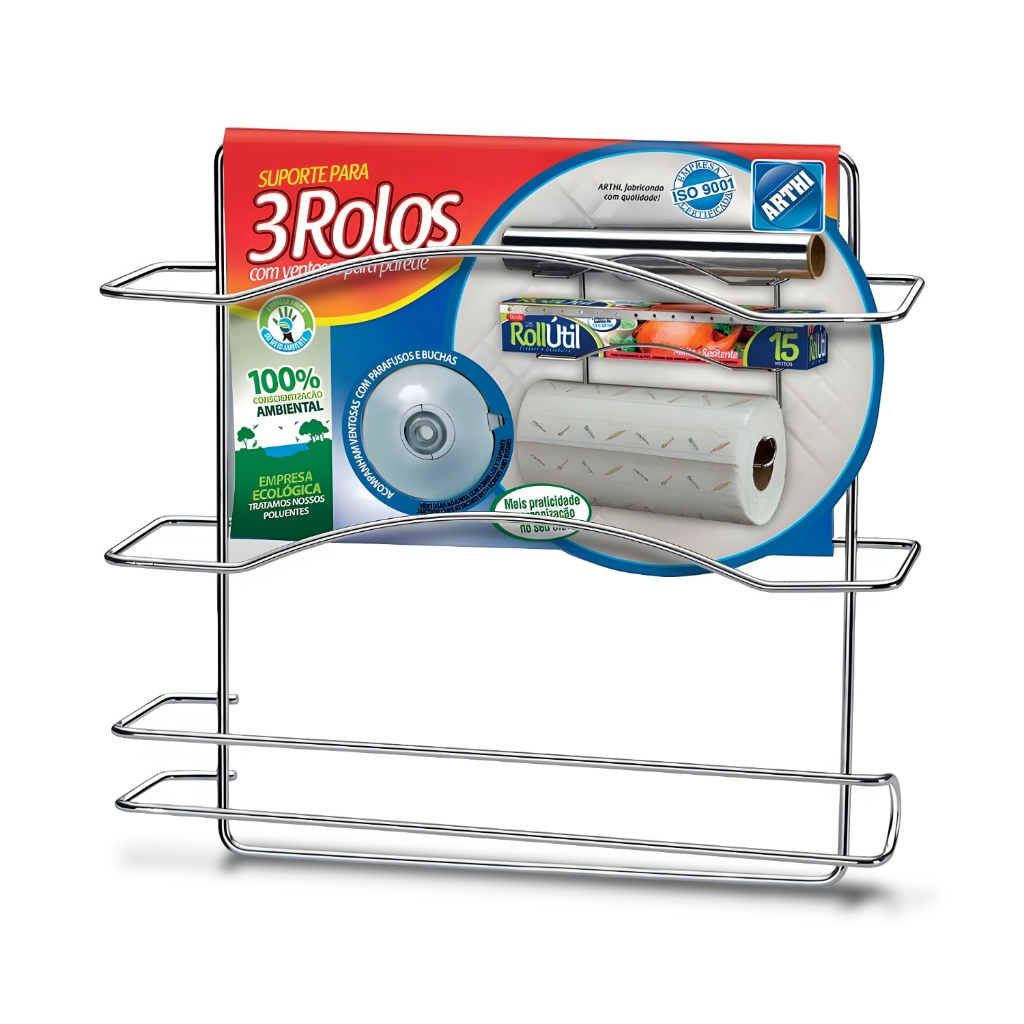 Suporte Organizador Para 3 Rolos Porta Papel Toalha Em Aço Cromado Arthi