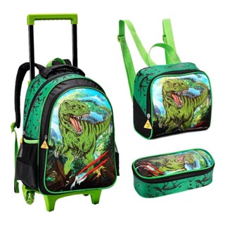 Kit Mochila Escolar Infantil Com Rodinhas Criança Menino Dinossauros