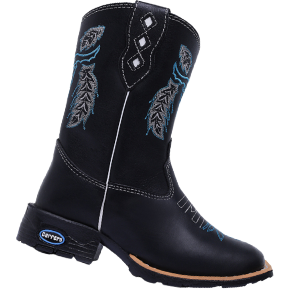 Bota Infantil Texana Em Couro Country Bordada Cowboy Menino Sola Borracha Bico Quadrado