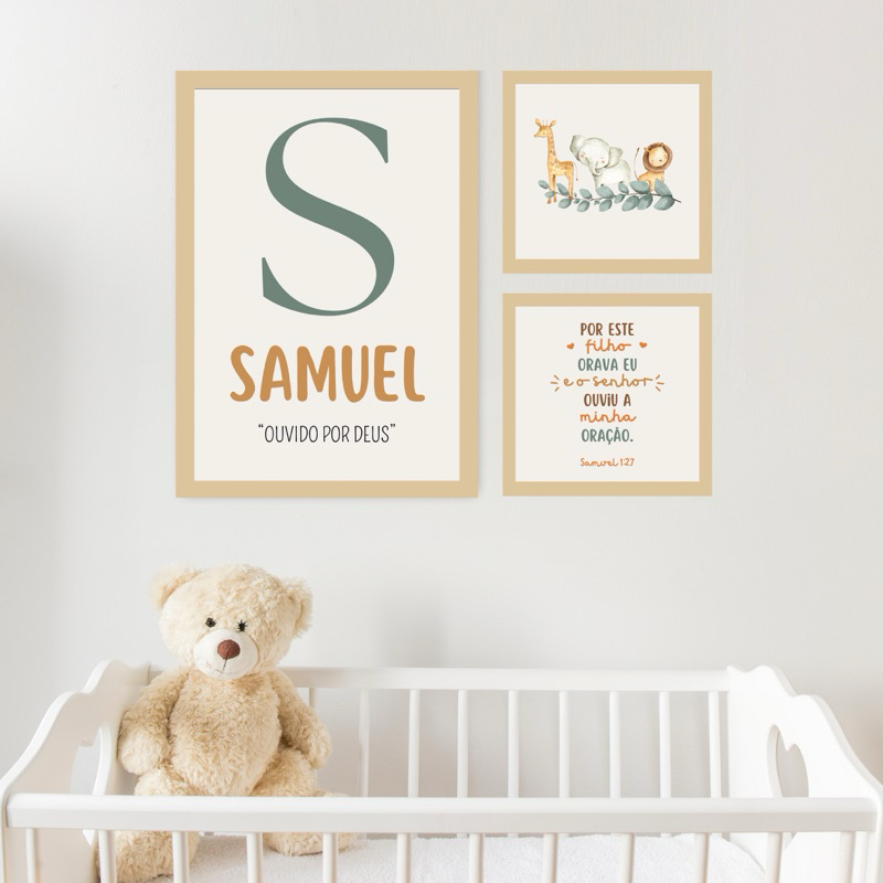 Kit 1 Quadro Decorativo 30x45 + 2 Quadros 20x20 Infantil Personalizado Nome Bebê Para Quarto Ou Porta Maternidade Safari