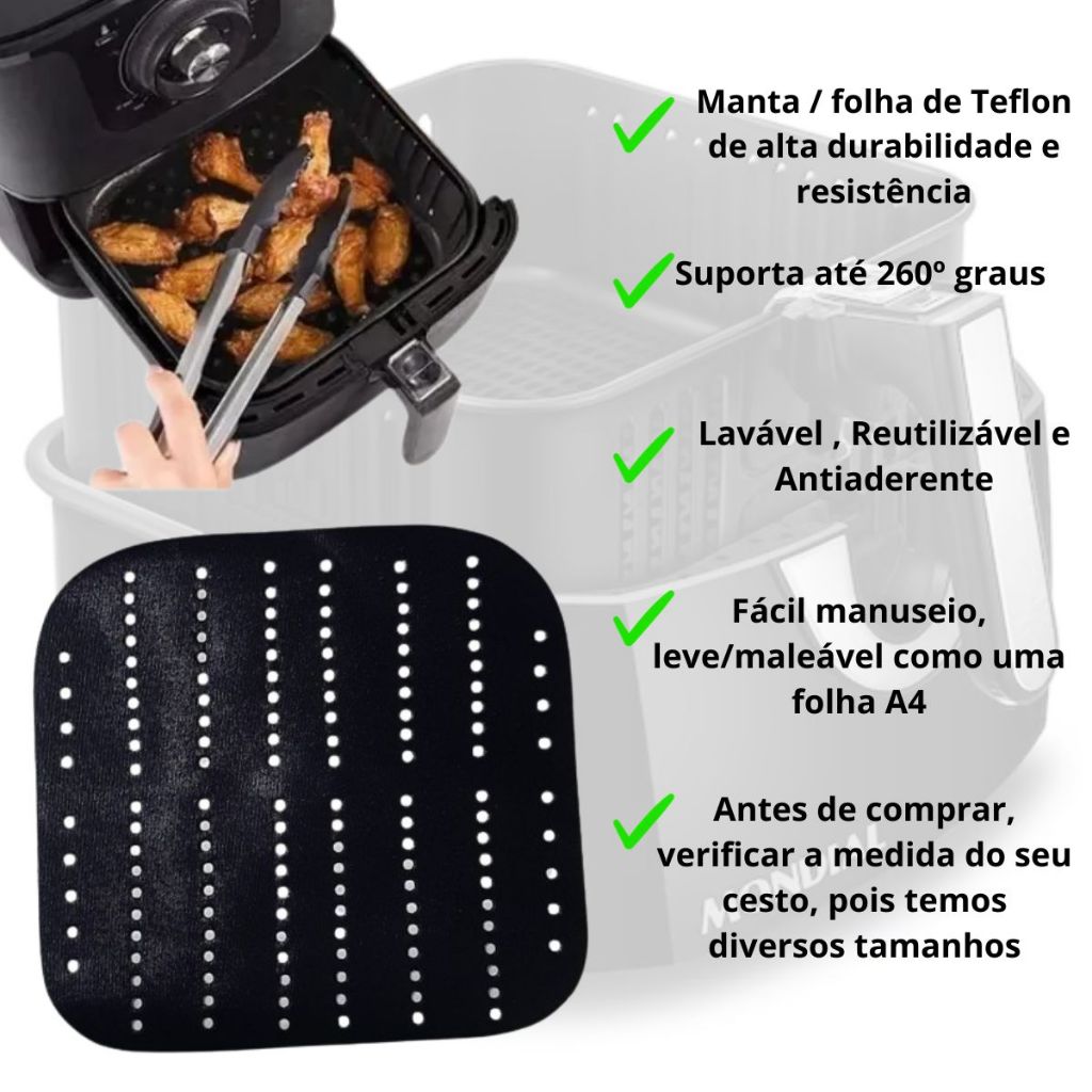 Protetor Manta Teflon para fritadeira AirFryer Tapete Antiaderente Reutilizável 5,5l Mondial quadrado