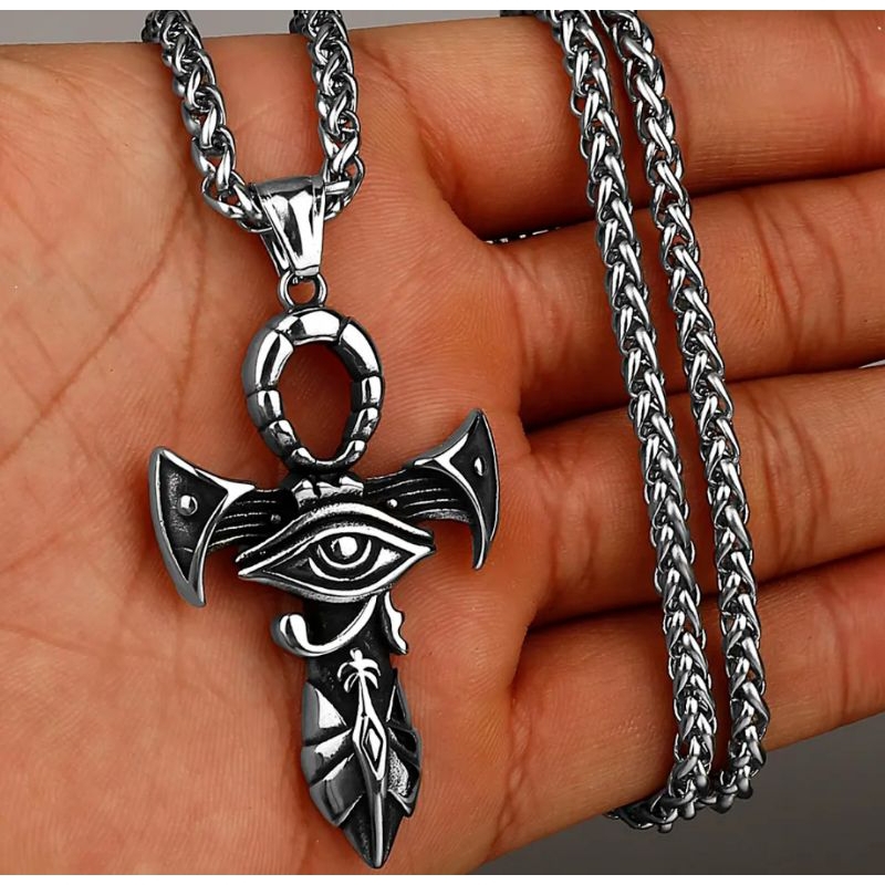 Cordão com Pingente Cruz Ansata em Aço Inox Olho de Horus