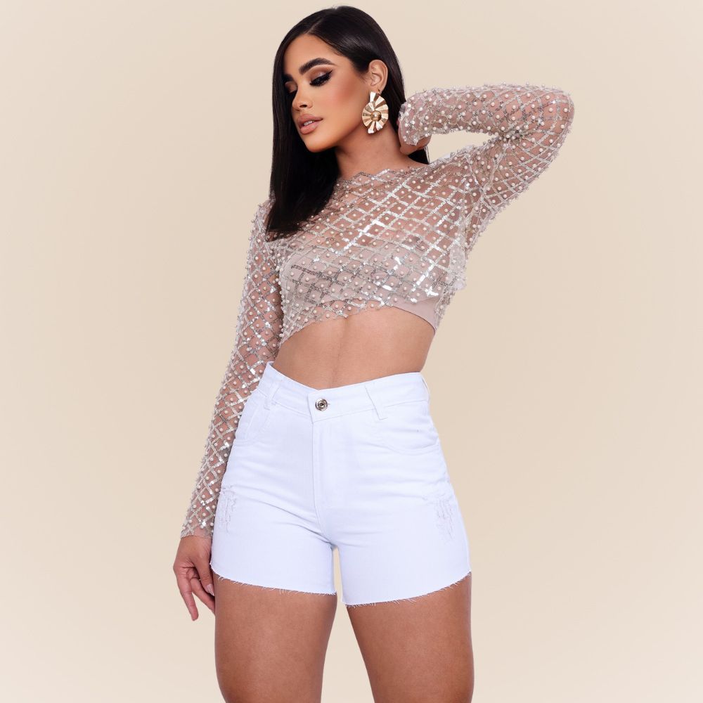 Shorts Jeans Premium Rasgado Feminino Cintura Alta Barra Corte a Laser com Bolsos Estiloso