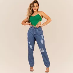 Calca Mom Feminina jeans Detalhes Rasgado com Bolso e Cintura Alta Linha Premium