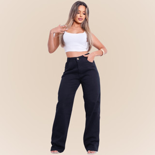 Calca Jeans Wide Leg Feminina Lisa Pantalona com Bolso Cintura Alta Estilosa Linha Premium