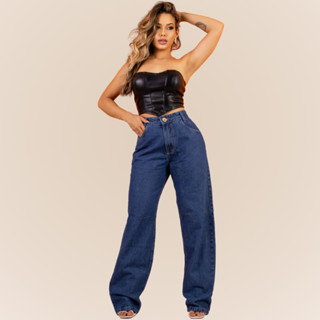 Calca Wide Leg Pantalona Feminina Jeans Linha Premium Lisa com Bolso Cos Alto Estilosa