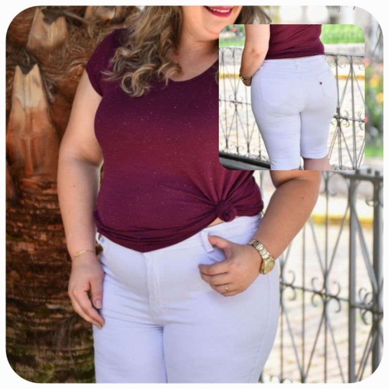 Bermuda jeans ciclista marca Cambos Jeans branca Plus Size.